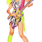 Colorful illustration of a woman with neon green hair and boots, playing a guitar.