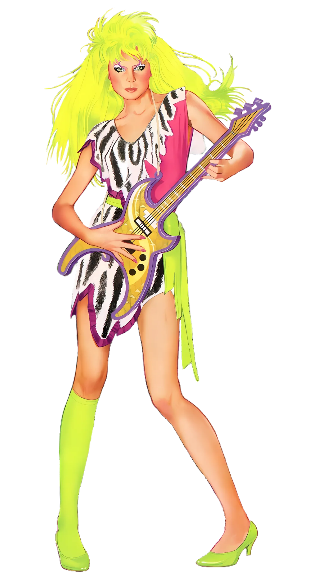 Colorful illustration of a woman with neon green hair and boots, playing a guitar.