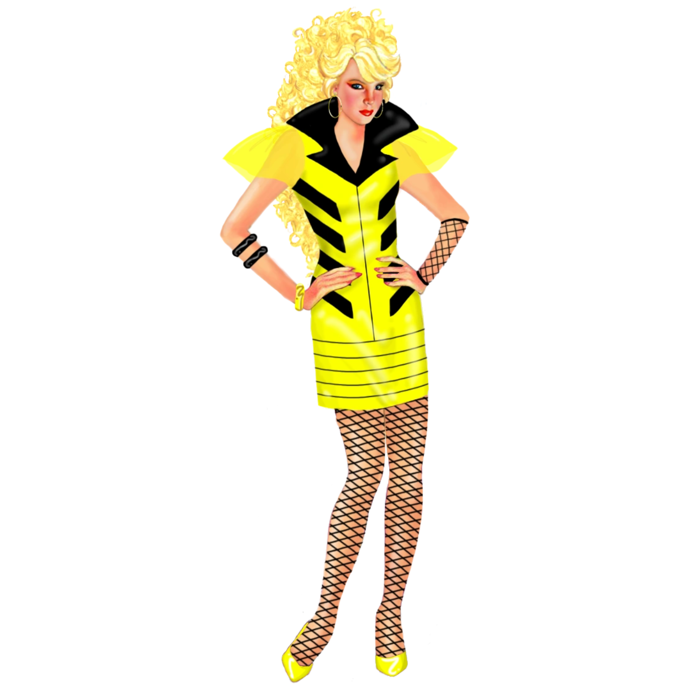 Illustration of a person wearing a yellow and black striped dress with fishnet stockings on a white background