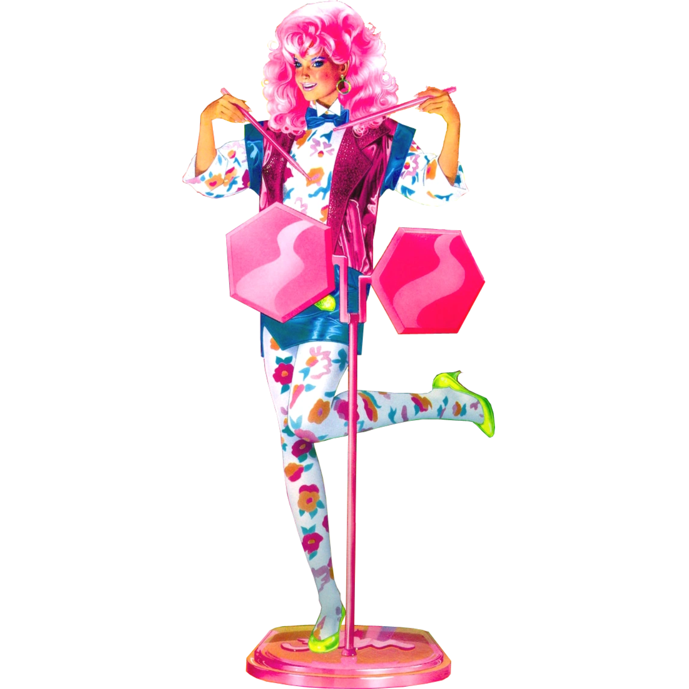 Colorful doll with pink hair and a pink stand on a white background