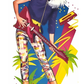 Colorful illustration of a character with white hair, plaid pants, and holding a guitar against a vibrant background.