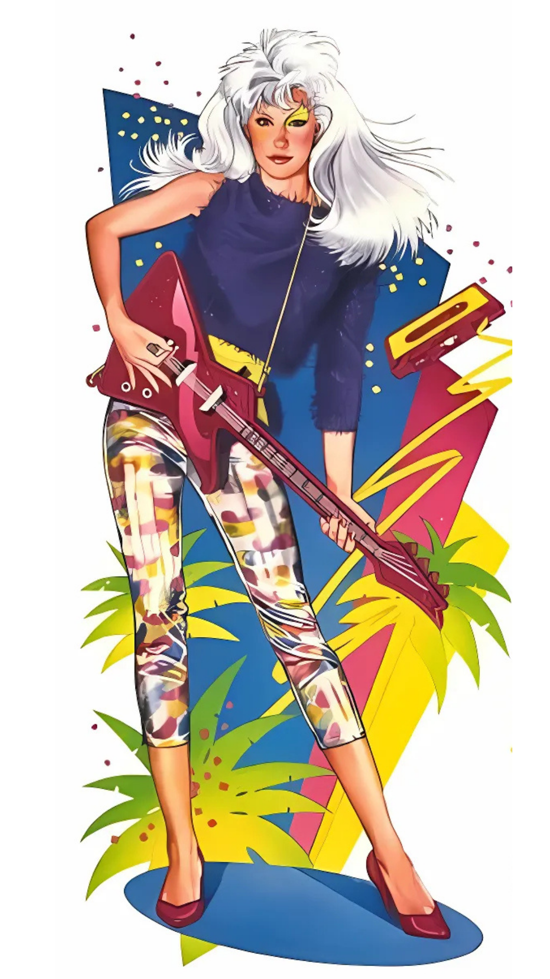 Colorful illustration of a character with white hair, plaid pants, and holding a guitar against a vibrant background.