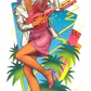 Illustration of a woman with purple hair playing a pink guitar against a colorful background