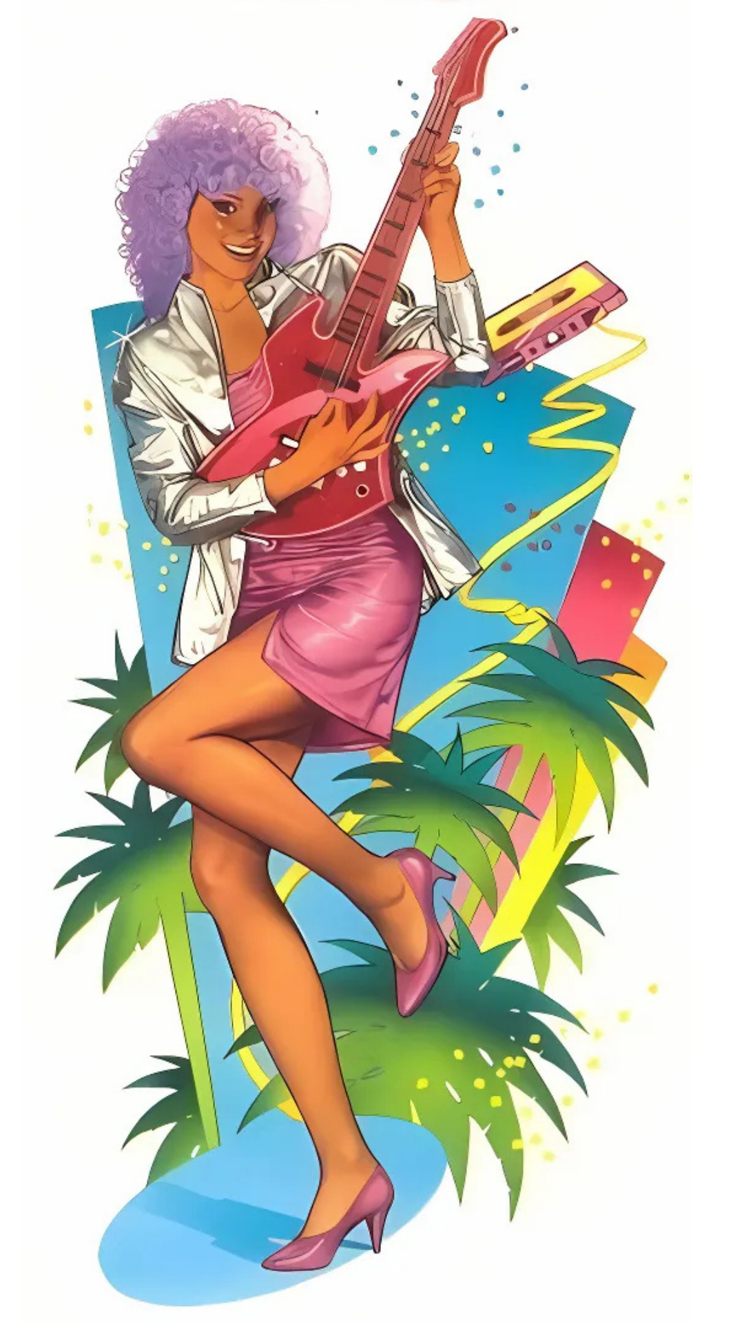 Illustration of a woman with purple hair playing a pink guitar against a colorful background
