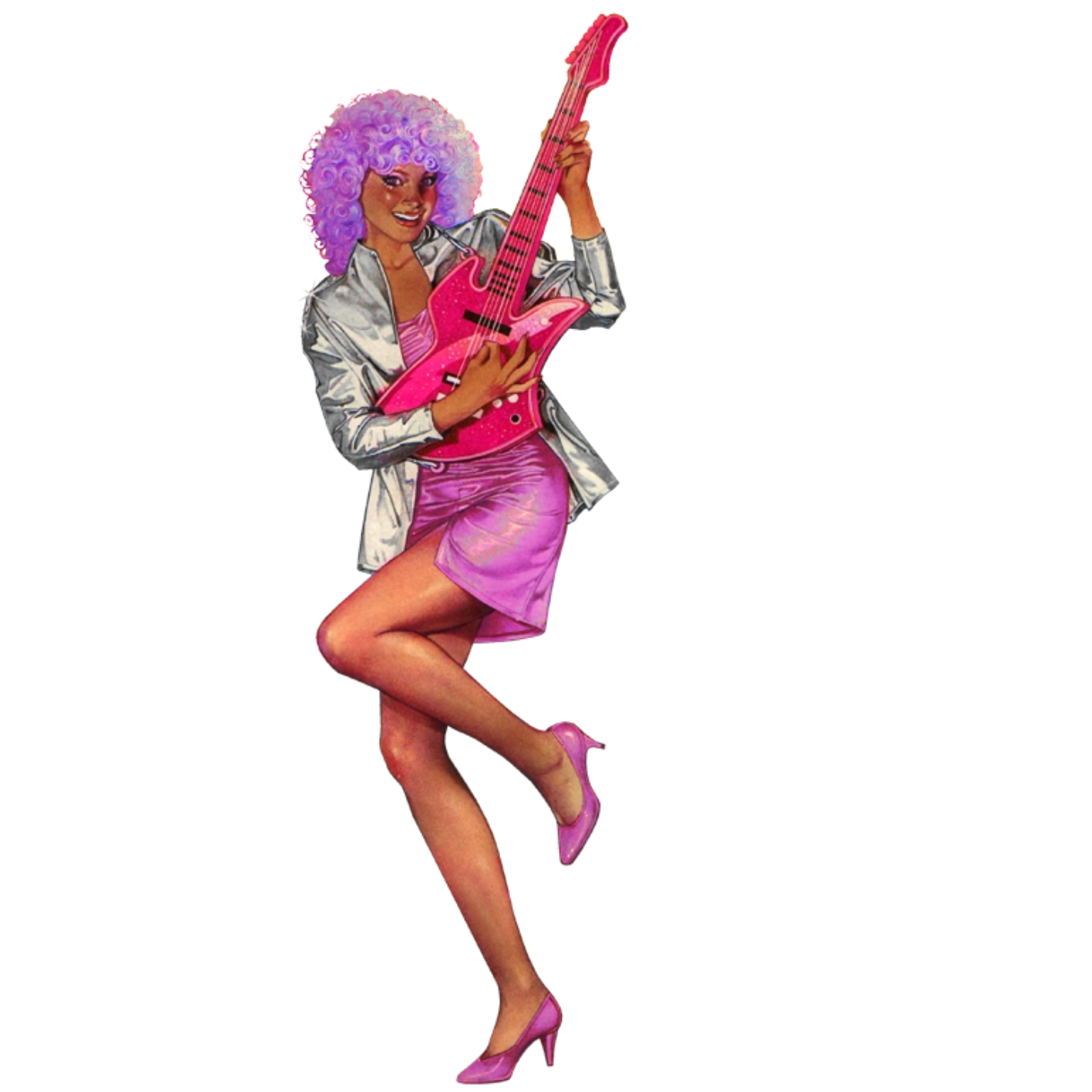 Illustration of a woman with a pink guitar on a white background