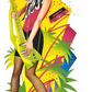 Illustration of a woman with blue hair and a guitar on a colorful background