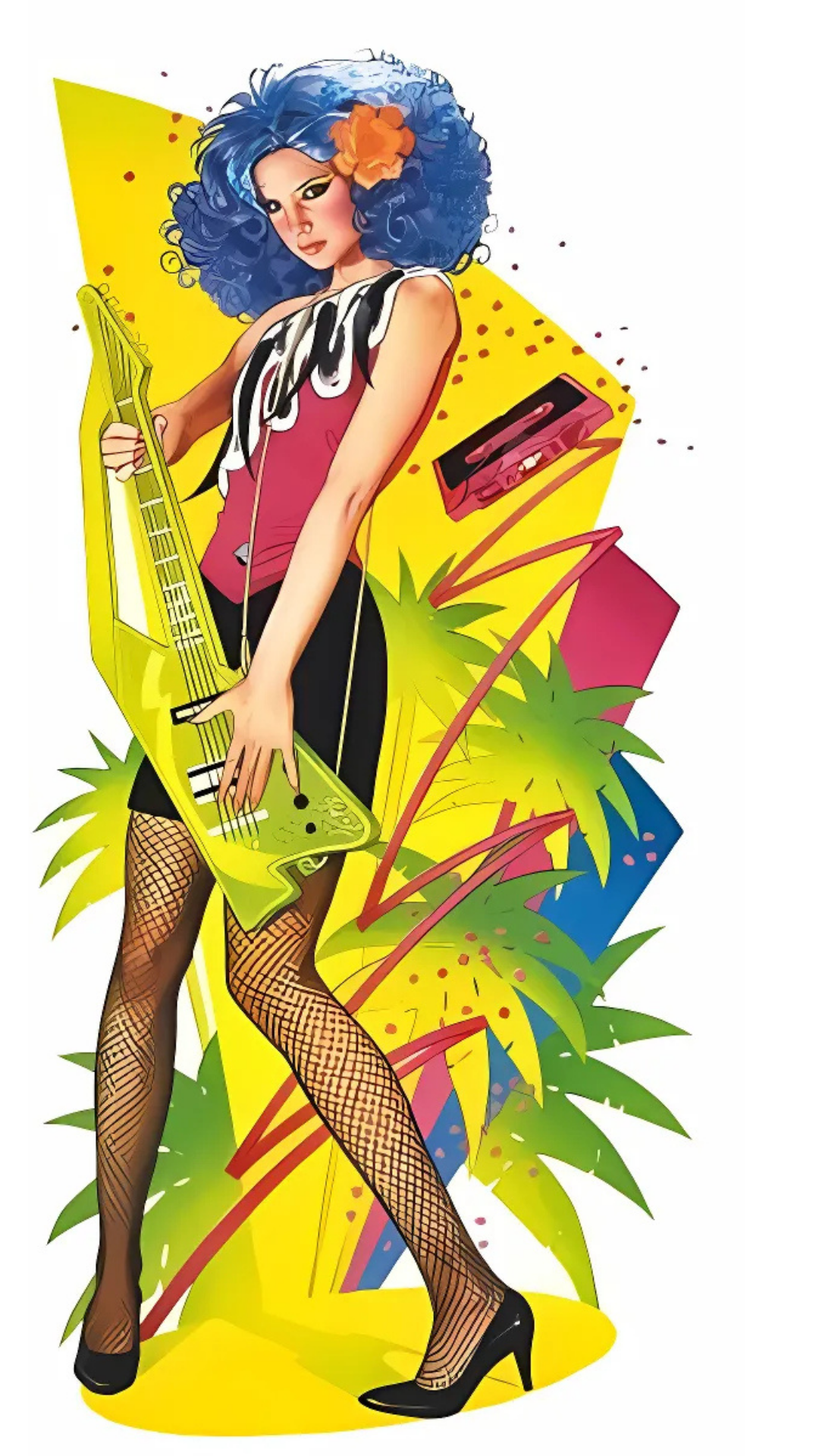 Illustration of a woman with blue hair and a guitar on a colorful background