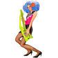 Person with blue wig and fishnet stockings holding a green guitar on a white background