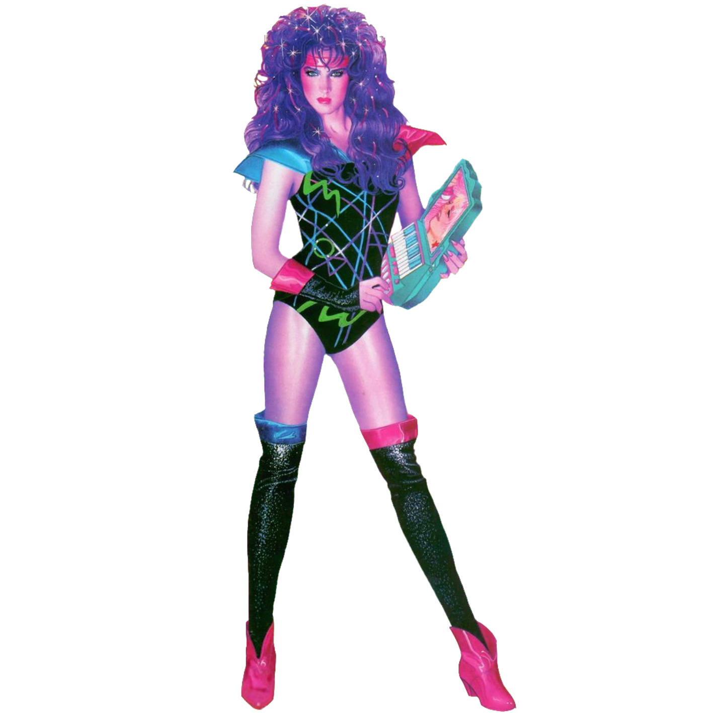 Person wearing a colorful costume with a guitar on a white background