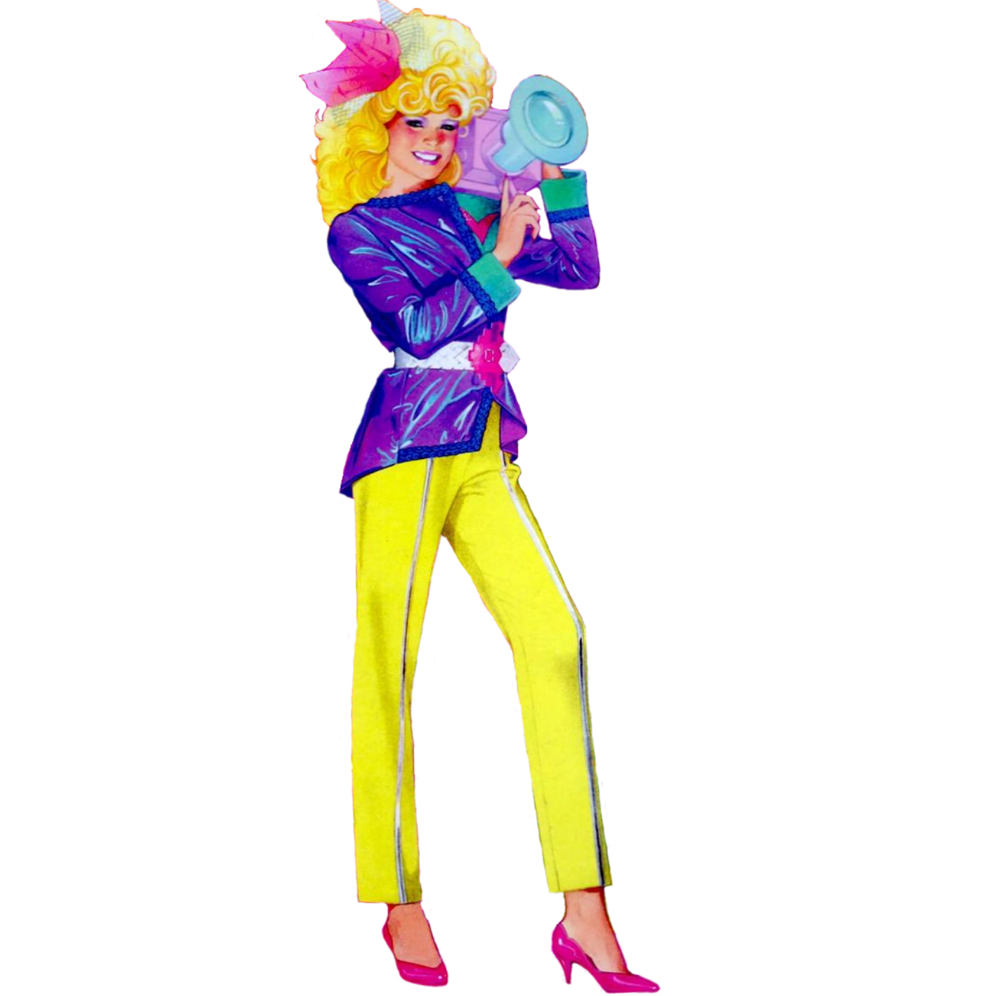 Colorful toy figure with a purple jacket and yellow pants on a white background